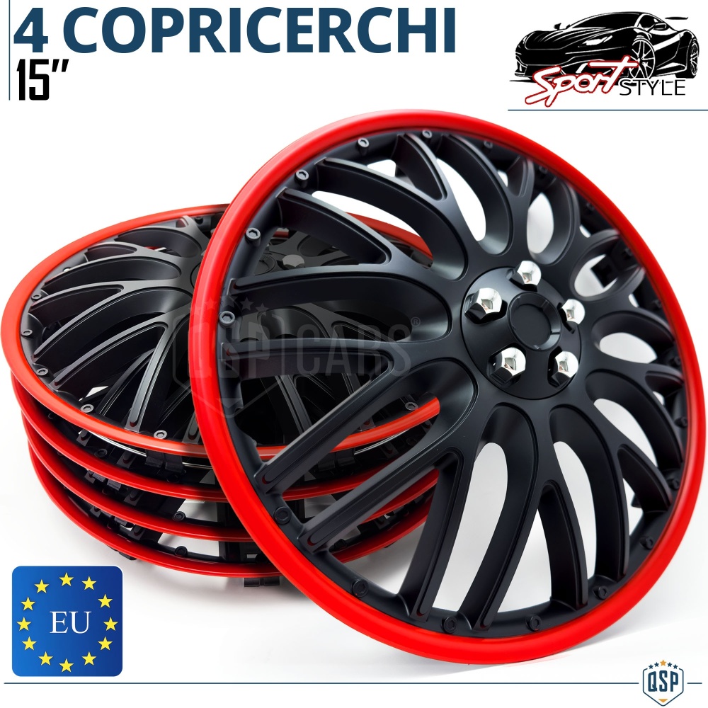 4 Tapacubos Embellecedores 15'' Pulgadas Universales, Negras Borde Rojo, 10 Radios | HECHO EN UE