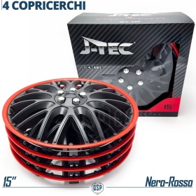 4 Tapacubos Embellecedores 15'' Pulgadas Universales, Negras Borde Rojo, 10 Radios | HECHO EN UE