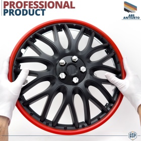 4 Tapacubos Embellecedores 15'' Pulgadas Universales, Negras Borde Rojo, 10 Radios | HECHO EN UE