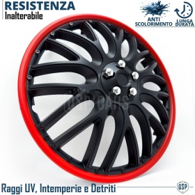 4 Tapacubos Embellecedores 15'' Pulgadas Universales, Negras Borde Rojo, 10 Radios | HECHO EN UE
