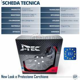 4 Tapacubos Embellecedores 15'' Pulgadas Universales, Negras Borde Rojo, 10 Radios | HECHO EN UE