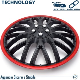 4 Tapacubos Embellecedores 15'' Pulgadas Universales, Negras Borde Rojo, 10 Radios | HECHO EN UE