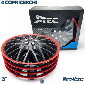 4 Tapacubos Embellecedores 16'' Pulgadas Universales, Negras Borde Rojo, 10 Radios | HECHO EN UE