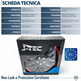 4 Tapacubos Embellecedores 16'' Pulgadas Universales, Negras Borde Rojo, 10 Radios | HECHO EN UE