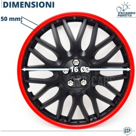 4 Tapacubos Embellecedores 16'' Pulgadas Universales, Negras Borde Rojo, 10 Radios | HECHO EN UE