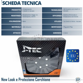 4 Tapacubos Embellecedores 13'' Pulgadas Universales, Negras, 15 Radios | HECHO EN UE