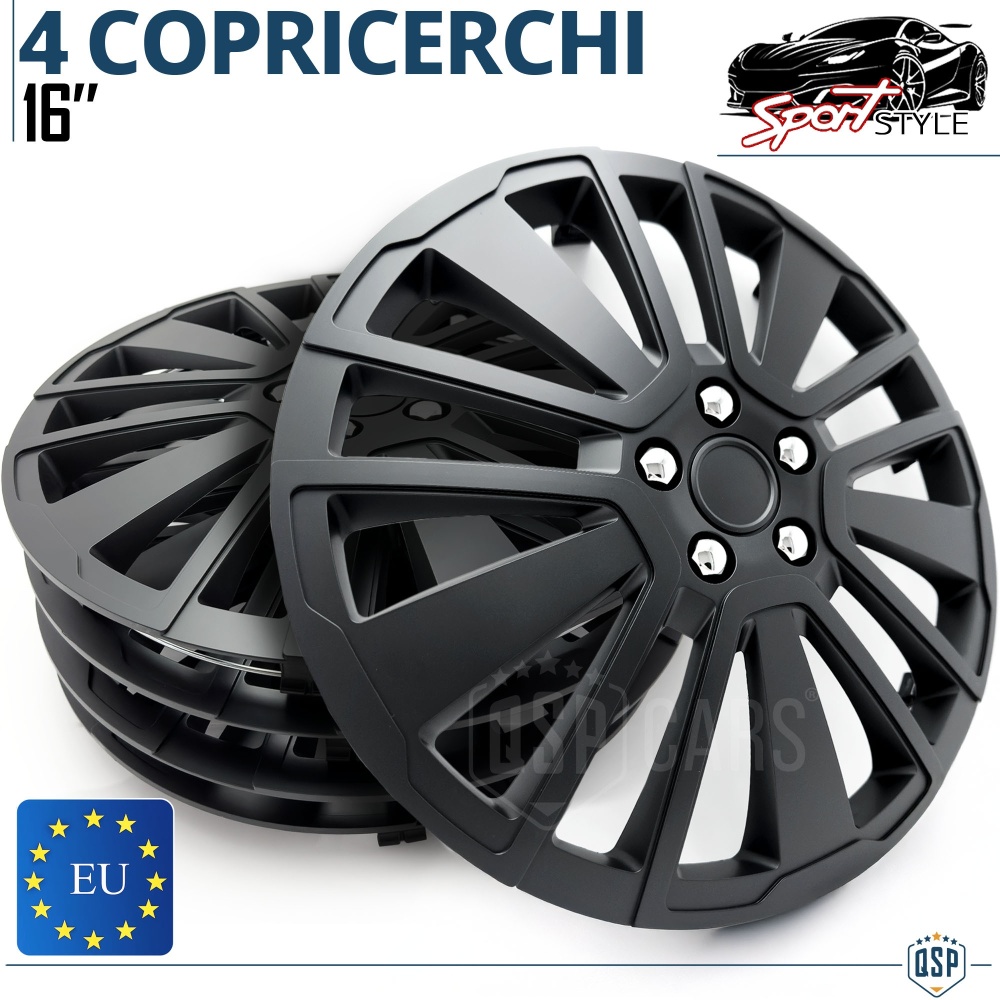 4 Tapacubos Embellecedores 16'' Pulgadas Universales, Negras, 15 Radios | HECHO EN UE