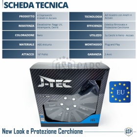 4 Tapacubos Embellecedores 16'' Pulgadas Universales, Negras, 15 Radios | HECHO EN UE