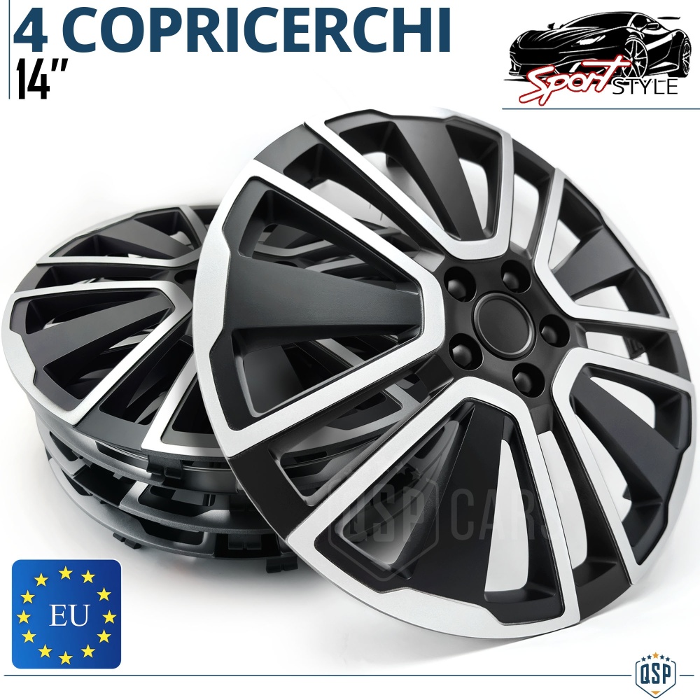 4 Tapacubos Embellecedores 14'' Pulgadas Universales, Plateadas y Negras, 15 Radios | HECHO EN UE