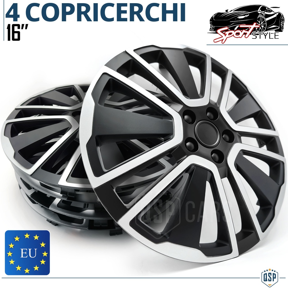 4 Tapacubos Embellecedores 16'' Pulgadas Universales, Plateadas y Negras, 15 Radios | HECHO EN UE