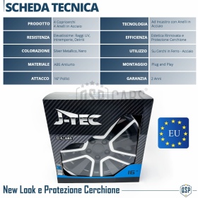 4 Tapacubos Embellecedores 16'' Pulgadas Universales, Plateadas y Negras, 15 Radios | HECHO EN UE