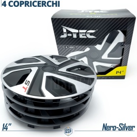 4 Tapacubos Embellecedores 14'' Pulgadas Universales, Plateadas y Negras, 5 Radios | HECHO EN UE