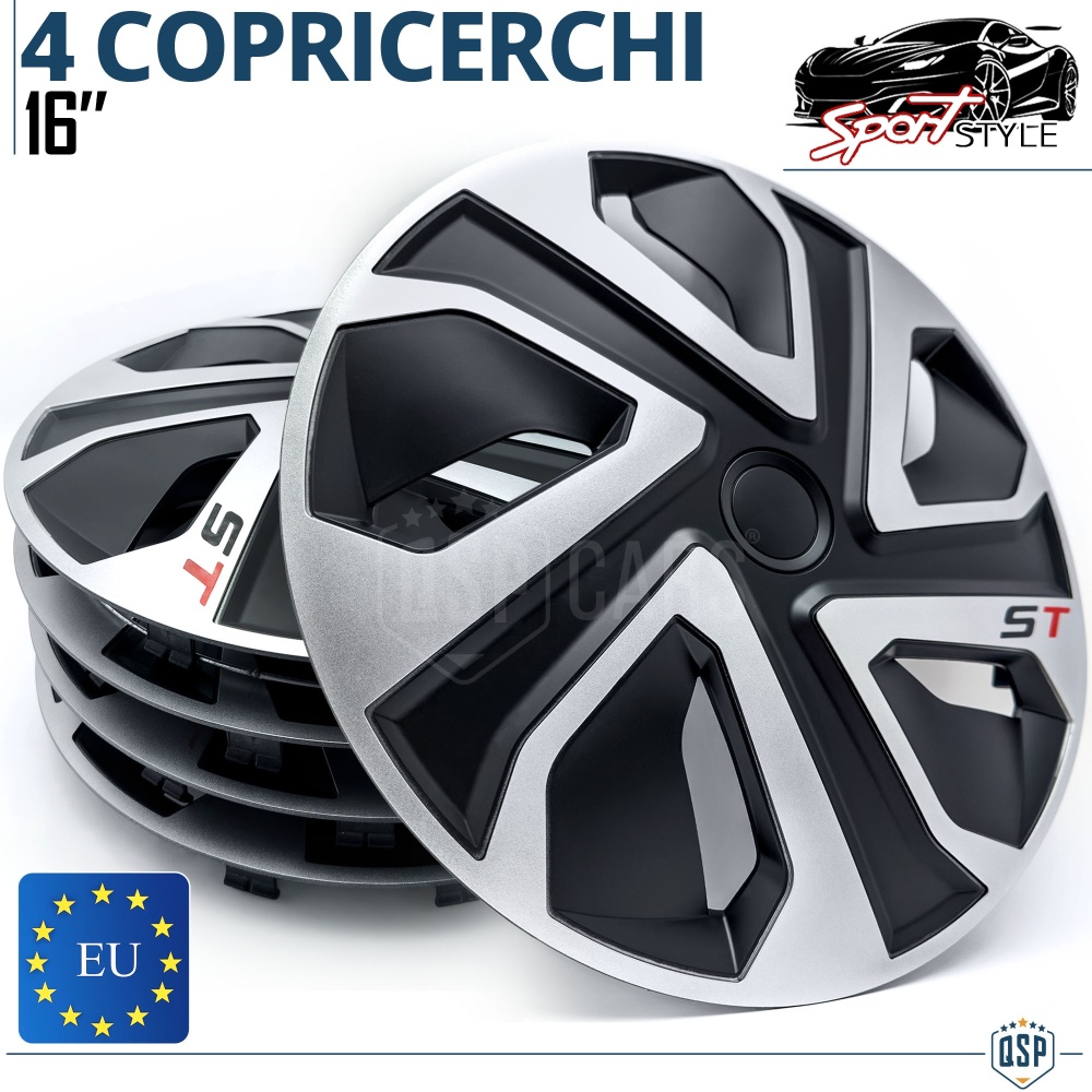 4 Tapacubos Embellecedores 16'' Pulgadas Universales, Plateadas y Negras, 5 Radios | HECHO EN UE