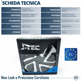 4 Tapacubos Embellecedores 16'' Pulgadas Universales, Plateadas y Negras, 5 Radios | HECHO EN UE