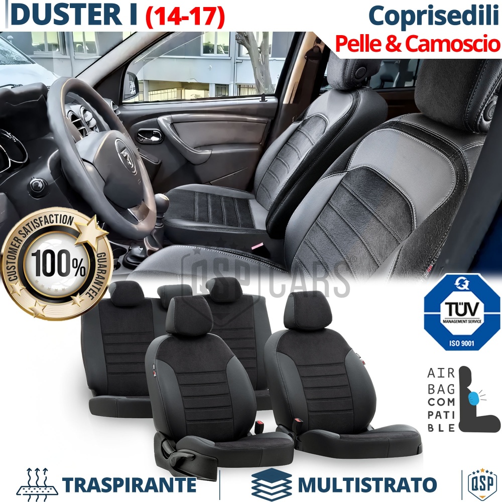 FUNDAS ASIENTOS para Dacia Duster 1 14-17 ESPECÍFICAS en CUERO Pu Ngro y Efecto Ante, | Juego Completo | Certificados TÜV