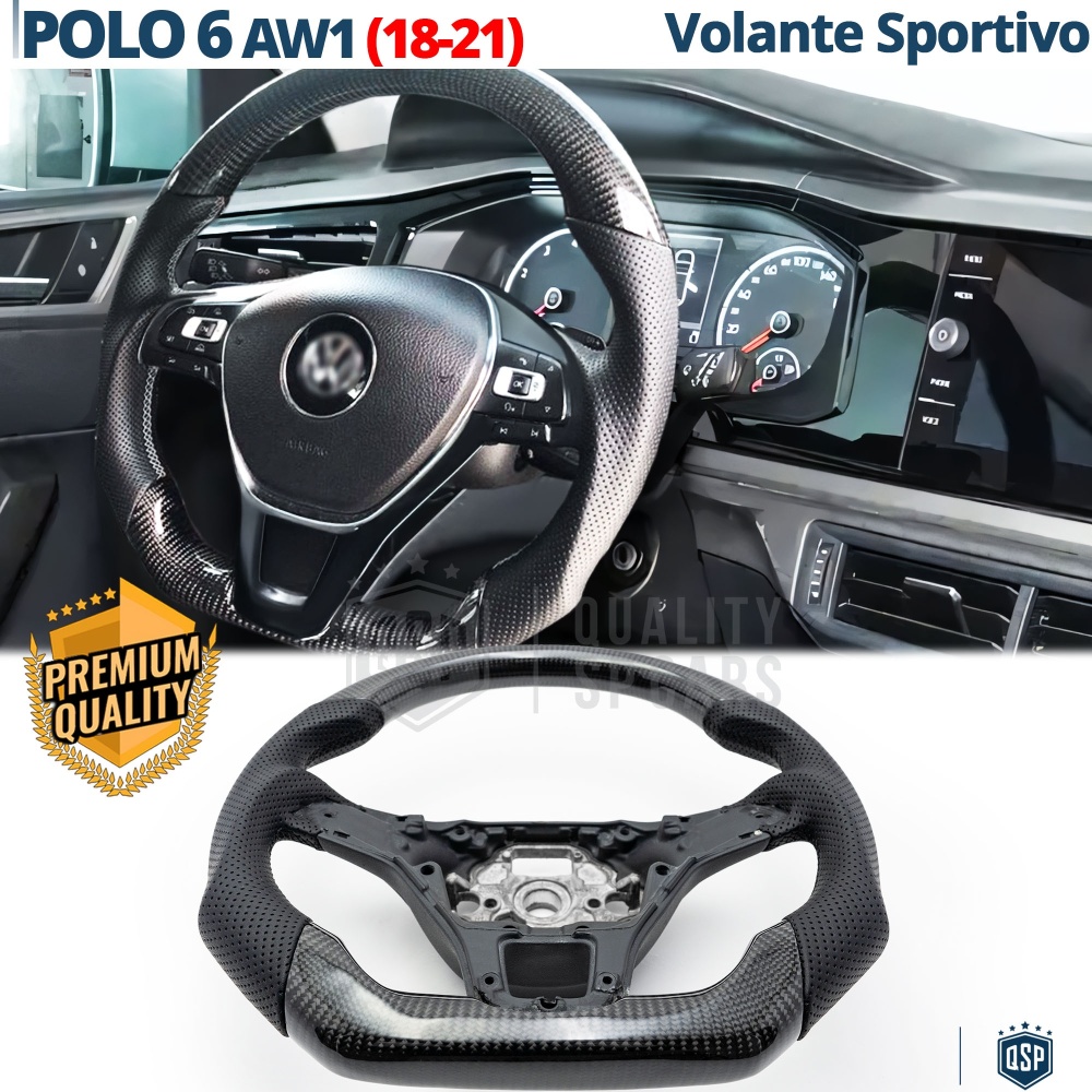 VOLANTE Deportivo para VW Polo AW1 18-21, Plano en Carbono y Piel | Reemplazo Ergonómico