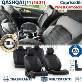FUNDAS ASIENTOS para Nissan Qashqai J11 ESPECÍFICAS en CUERO Pu Ngro y Efecto Ante, | Juego Completo | Certificados TÜV