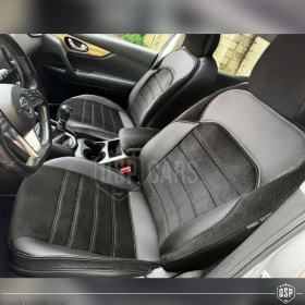 FUNDAS ASIENTOS para Nissan Qashqai J11 ESPECÍFICAS en CUERO Pu Ngro y Efecto Ante, | Juego Completo | Certificados TÜV