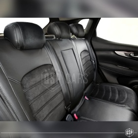 FUNDAS ASIENTOS para Nissan Qashqai J11 ESPECÍFICAS en CUERO Pu Ngro y Efecto Ante, | Juego Completo | Certificados TÜV