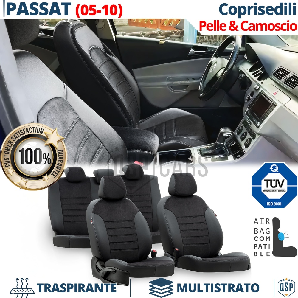FUNDAS ASIENTOS para VW Passat B6 ESPECÍFICAS en CUERO Pu Ngro y Efecto Ante, | Juego Completo | Certificados TÜV