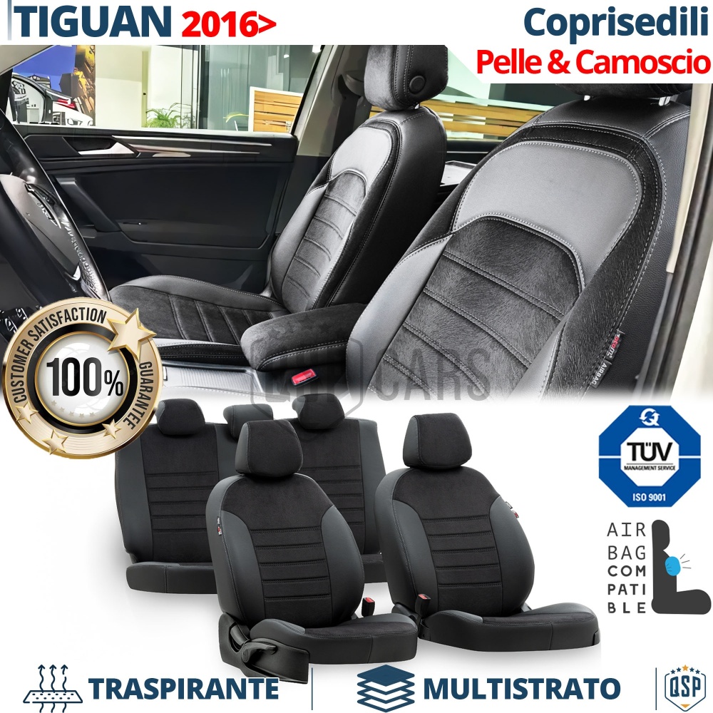 FUNDAS ASIENTOS para VW Tiguan 2 ESPECÍFICAS en CUERO Pu Ngro y Efecto Ante, | Juego Completo | Certificados TÜV