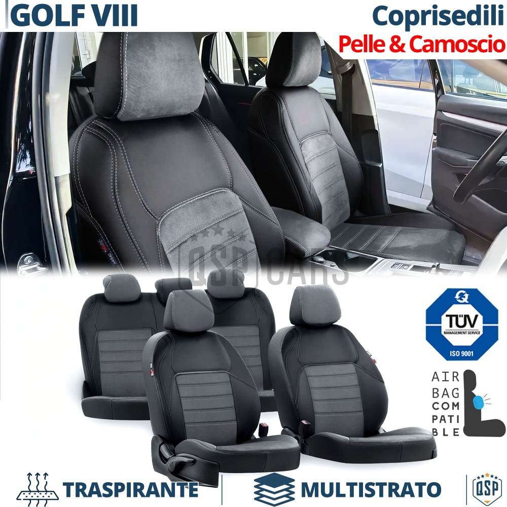 FUNDAS ASIENTOS para VW Golf 8 ESPECÍFICAS en CUERO Pu Ngro y Efecto Ante Gris | Juego Completo | Certificados TÜV