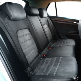 FUNDAS ASIENTOS para VW Golf 8 ESPECÍFICAS en CUERO Pu Ngro y Efecto Ante Gris | Juego Completo | Certificados TÜV