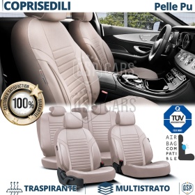 FUNDAS ASIENTOS Coche Universales en CUERO Pu Beige AJUSTE PERFECTO, COMPLETO Delantero + Trasero | Certificados TÜV