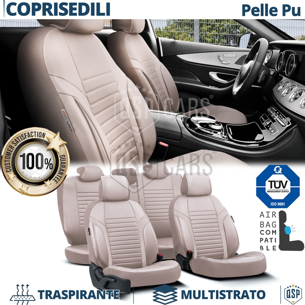 FUNDAS ASIENTOS Coche Universales en CUERO Pu Beige AJUSTE PERFECTO, COMPLETO Delantero + Trasero | Certificados TÜV