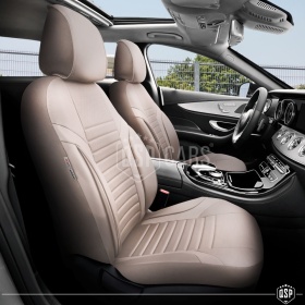 FUNDAS ASIENTOS Coche Universales en CUERO Pu Beige AJUSTE PERFECTO, COMPLETO Delantero + Trasero | Certificados TÜV