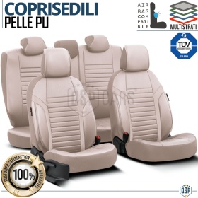 FUNDAS ASIENTOS Coche Universales en CUERO Pu Beige AJUSTE PERFECTO, COMPLETO Delantero + Trasero | Certificados TÜV
