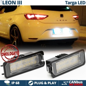 Kit Placche Luci Targa LED per Seat Leon MK3 (5F), 100% CANbus, 18 LED 6.500K Bianco Ghiaccio, Plug & Play