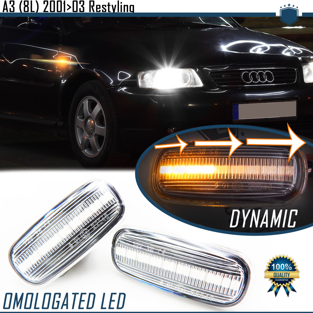X2 Intermitentes LED Secuenciales para AUDI A3 (8L) 2001-2003 Homologados, Lente Blanca, CANBUS No Error X2 Intermitentes LED Secuenciales para AUDI A3 (8L) 2001-2003 Homologados, Lente Blanca, CANBUS No Error