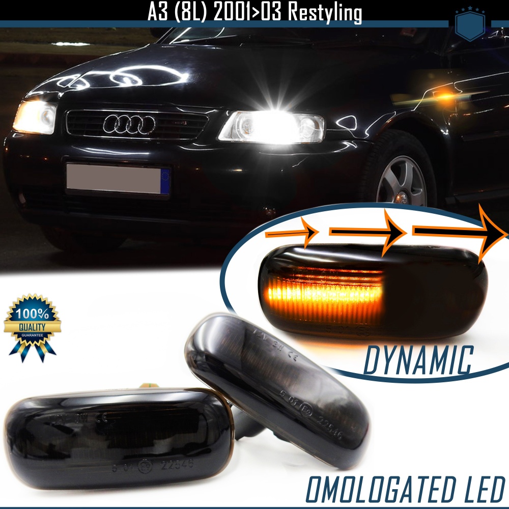 Frecce LED Laterali Dinamiche Sequenziali per AUDI A3 (8L) 2001-2003 Nere Fumè, Omologate, CANbus No Error, Plug & Play Frecce LED Laterali Dinamiche Sequenziali per AUDI A3 (8L) 2001-2003 Nere Fumè, Omologate, CANbus No Error, Plug & Play