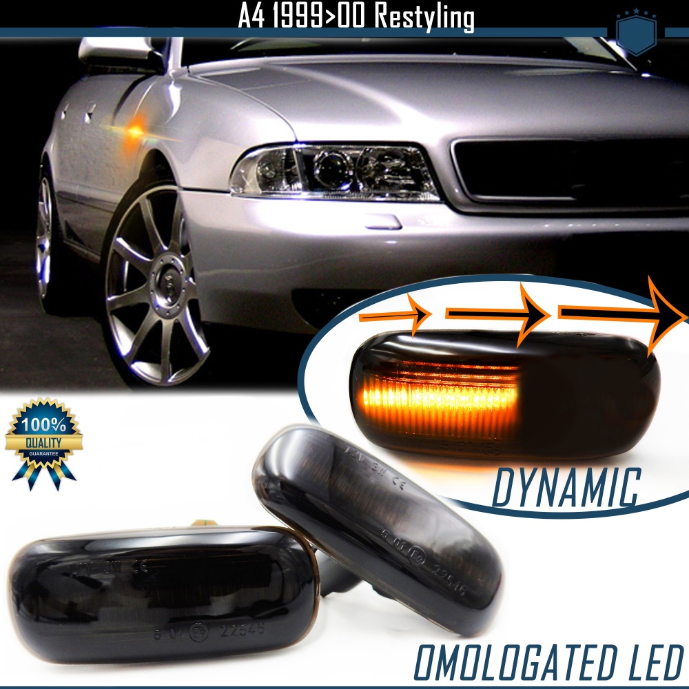 Frecce LED Laterali Dinamiche Sequenziali per AUDI A4 (B5) 1999-2000 Nere Fumè, Omologate, CANbus No Error, Plug & Play Frecce LED Laterali Dinamiche Sequenziali per AUDI A4 (B5) 1999-2000 Nere Fumè, Omologate, CANbus No Error, Plug & Play