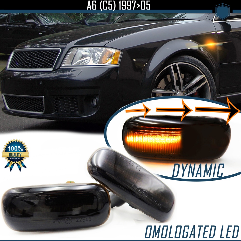 X2 Intermitentes LED Secuenciales para AUDI A6 C5 (S6, Allroad), Homologados, Lente Negra Oscura, CANBUS No Error X2 Intermitentes LED Secuenciales para AUDI A6 C5 (S6, Allroad), Homologados, Lente Negra Oscura, CANBUS No Error