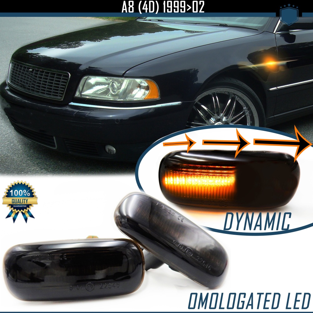X2 Intermitentes LED Secuenciales para AUDI A8 (D2-4D) 1999-2002, Homologados, Lente Negra Oscura, CANBUS No Error X2 Intermitentes LED Secuenciales para AUDI A8 (D2-4D) 1999-2002, Homologados, Lente Negra Oscura, CANBUS No Error