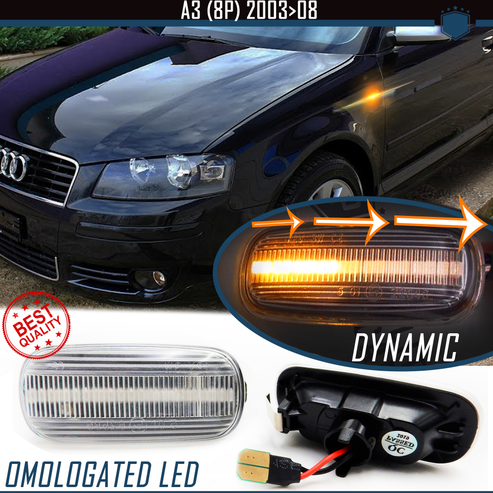 Intermitentes LED Secuenciales para AUDI A3 (8P) 2003-2008, Homologados, Lente Blanca, CANBUS No Error Intermitentes LED Secuenciales para AUDI A3 (8P) 2003-2008, Homologados, Lente Blanca, CANBUS No Error