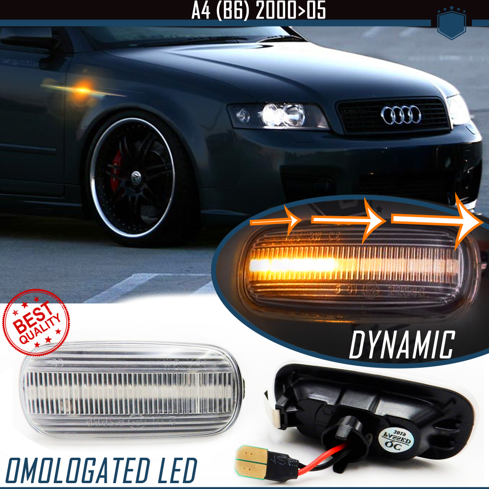 Intermitentes LED Secuenciales para AUDI A4 (B6), Homologados, Lente Blanca, CANBUS No Error Intermitentes LED Secuenciales para AUDI A4 (B6), Homologados, Lente Blanca, CANBUS No Error