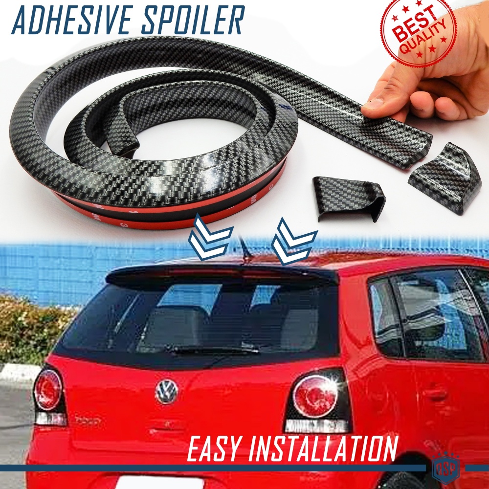 Adhesive Rear SPOILER For VOLKSWAGEN POLO, for Trunk / Roof Lip Wing in BLACK Carbon Fiber Effect EPDM flexible