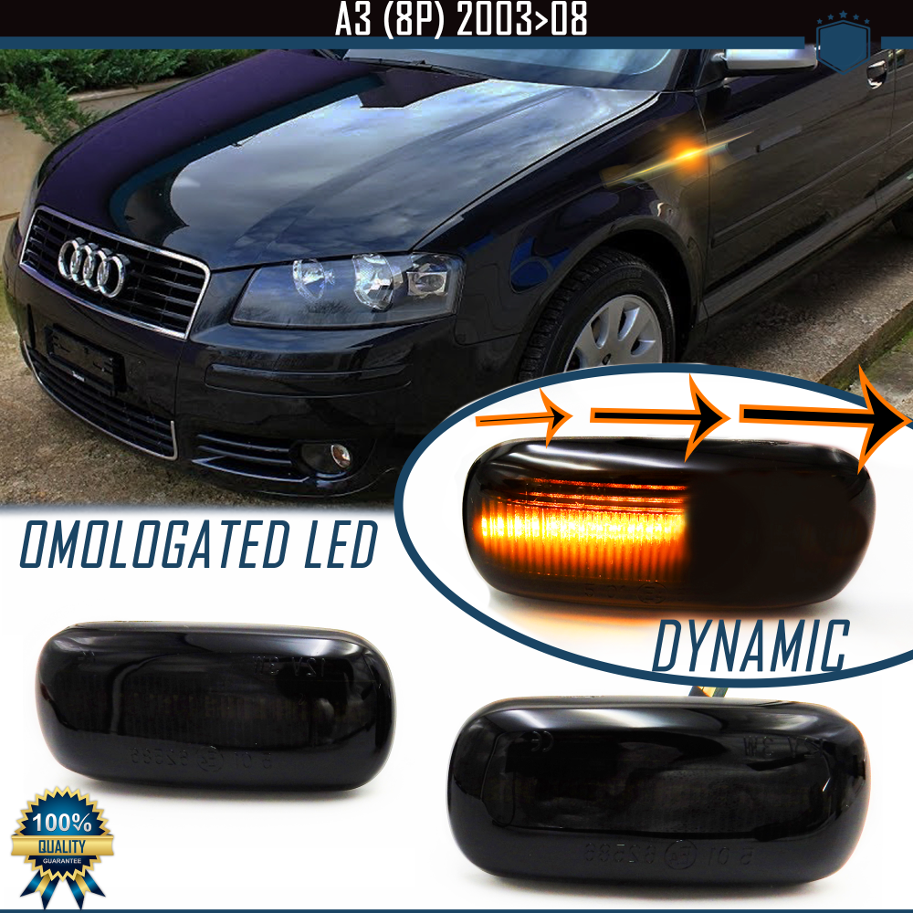Frecce Laterali LED Dinamiche Sequenziali Nero Fumè per AUDI A3 (8P) 2003-2008, Omologate, CANbus No Error Frecce Laterali LED Dinamiche Sequenziali Nero Fumè per AUDI A3 (8P) 2003-2008, Omologate, CANbus No Error