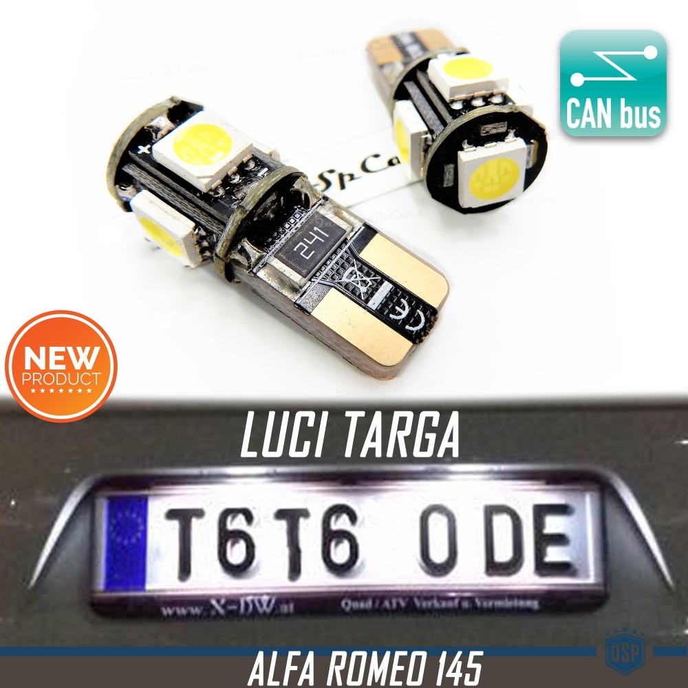 2 LED Licese Plate Light Bulbs for Alfa Romeo 145 (94-01), T10 W5W, White Light 6500K, 100% CANBUS Error Free