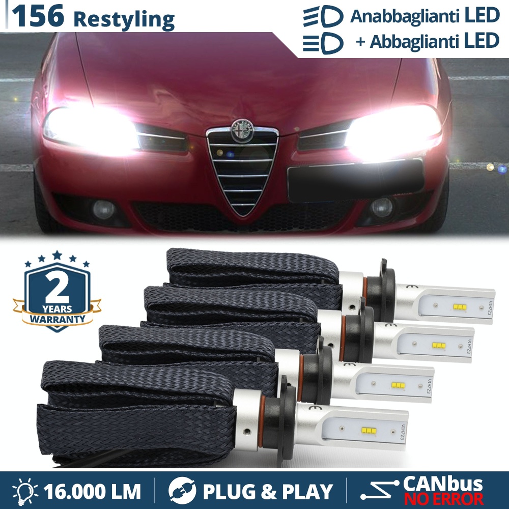 Feux de CROISEMENT + ROUTE LED pour Alfa 156 (03-07) | Conversion Lumière Blanche 6.500K, CANbus