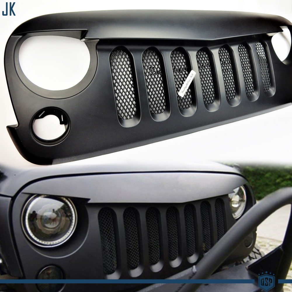 Parrilla Rejilla delantera para JEEP WRANGLER JK 2007- | "Angry Bird" Design, Negro Mate en ABS + Rejilla Trasera en ACERO Inoxidable Parrilla Rejilla delantera para JEEP WRANGLER JK 2007- | "Angry Bird" Design, Negro Mate en ABS + Rejilla Trasera en ACERO Inoxidable