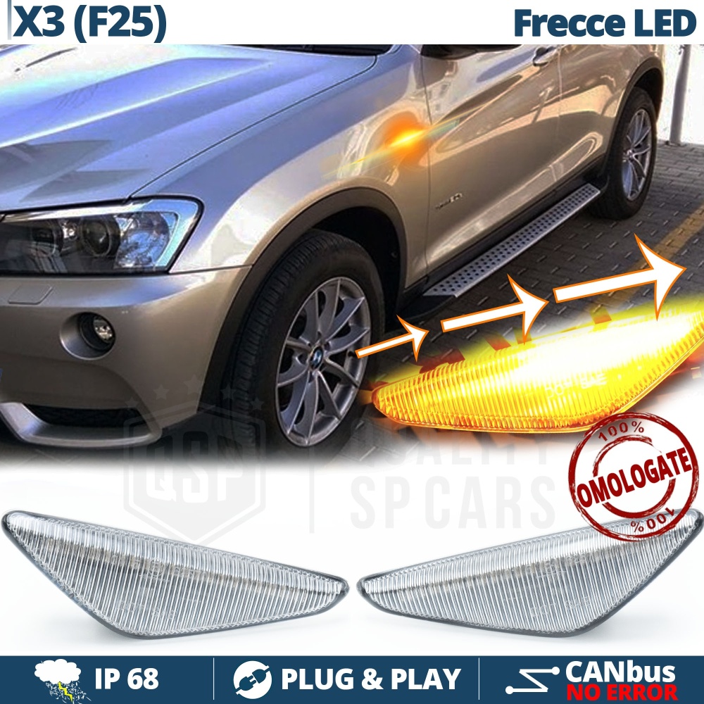 Frecce Laterali LED Dinamiche Sequenziali per BMW X3 F25 (10-17) | Omologate, CANbus No Errori Frecce Laterali LED Dinamiche Sequenziali per BMW X3 F25 (10-17) | Omologate, CANbus No Errori