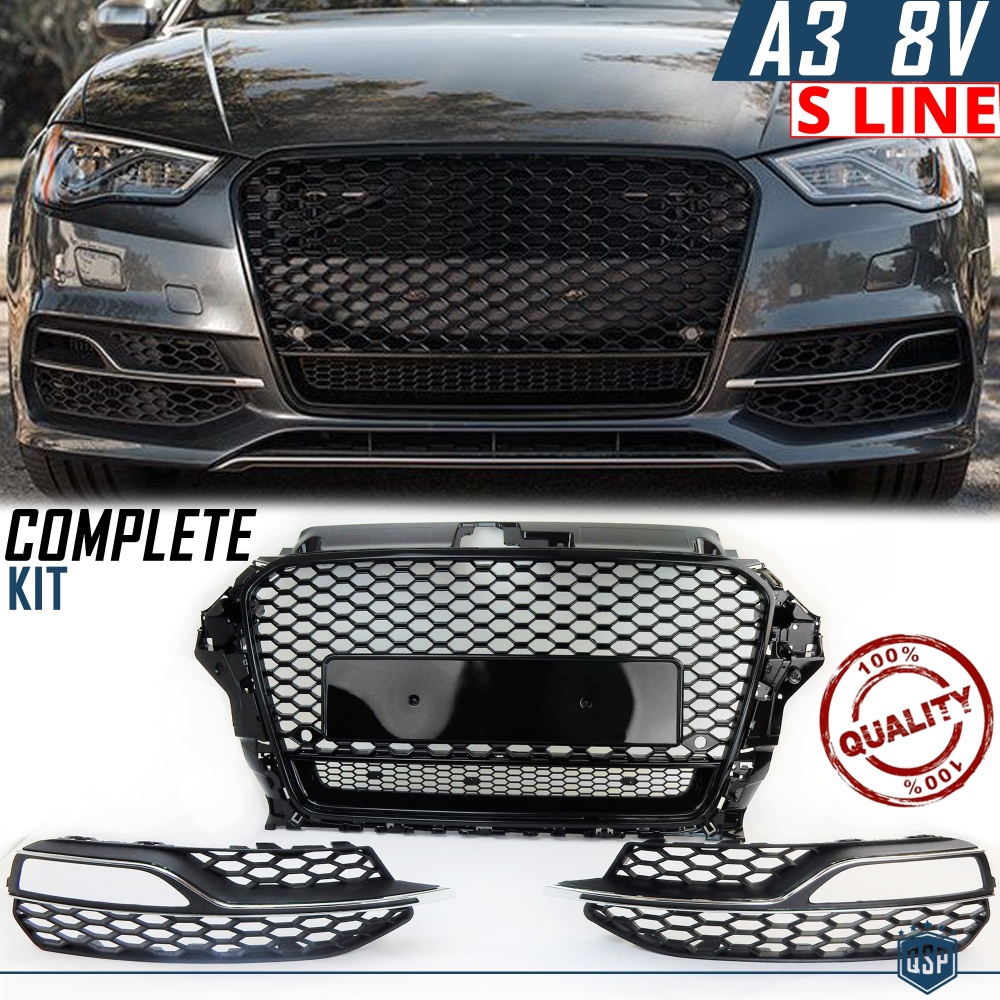 REJILLA DELANTERA + REJILLAS LUZ DE NIEBLA para AUDI A3 RS3 (8V) 12-16 | Nido de Abeja REJILLA DELANTERA + REJILLAS LUZ DE NIEBLA para AUDI A3 RS3 (8V) 12-16 | Nido de Abeja