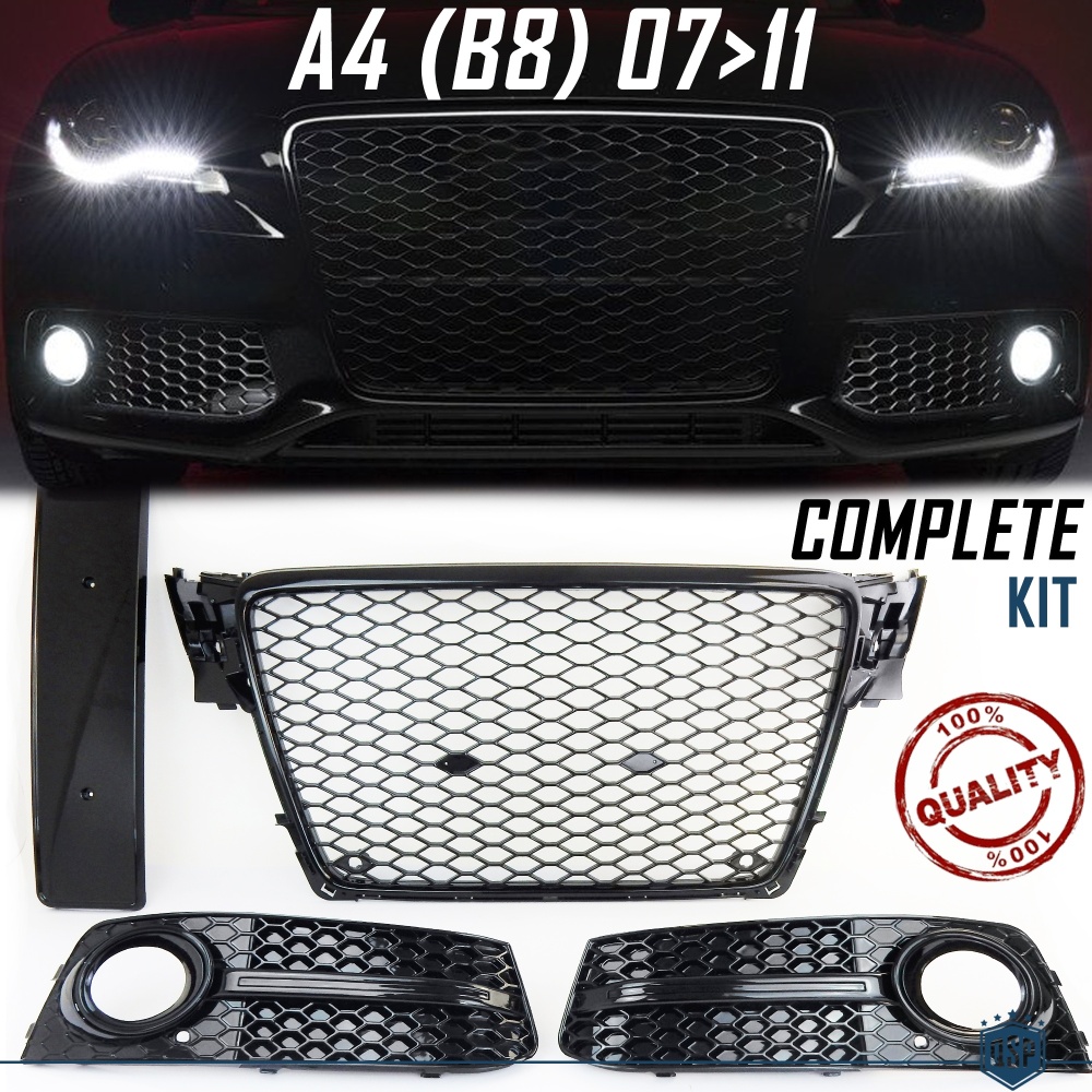 REJILLA DELANTERA + REJILLAS LUZ DE NIEBLA para AUDI A4 RS4 (B8) 07-11 | Nido de Abeja REJILLA DELANTERA + REJILLAS LUZ DE NIEBLA para AUDI A4 RS4 (B8) 07-11 | Nido de Abeja