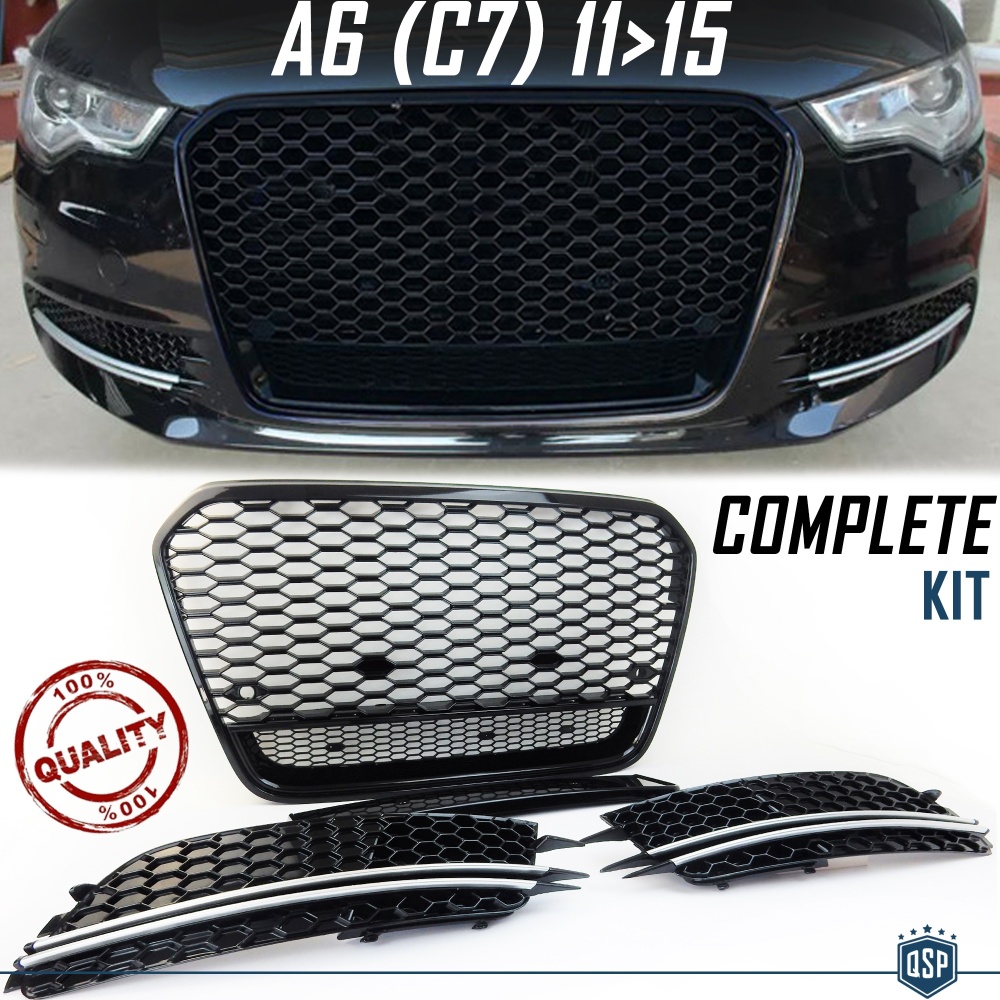 REJILLA DELANTERA + REJILLAS LUZ DE NIEBLA para AUDI A6 RS6 C7 (11-14) | Nido de Abeja REJILLA DELANTERA + REJILLAS LUZ DE NIEBLA para AUDI A6 RS6 C7 (11-14) | Nido de Abeja