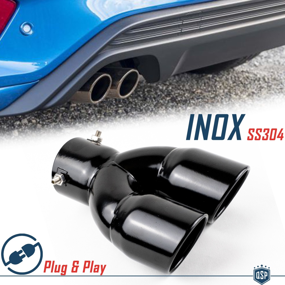 Tubo Doble de ESCAPE Coche Universal en ACERO Inoxidable Negro | Redondo, Silenciador Max Ø 76 MM