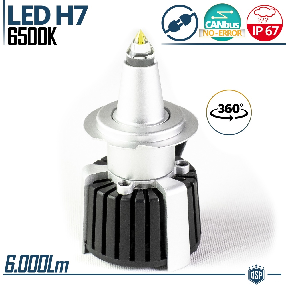 1 Bombilla LED H7 de Cuarzo 360° CANBUS | Luz Blanca Potente 6500K 55W